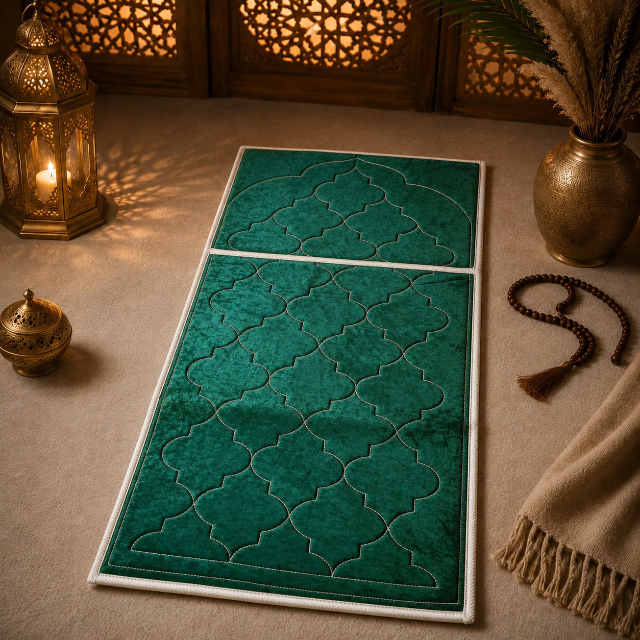 Le tapis de prière avec dossier pliable vert Sajadah vu de face avec le dossier allongé.