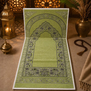 Le tapis de prière avec dossier pliable vert Pomme Sajadah vu de face avec le dossier relevé.