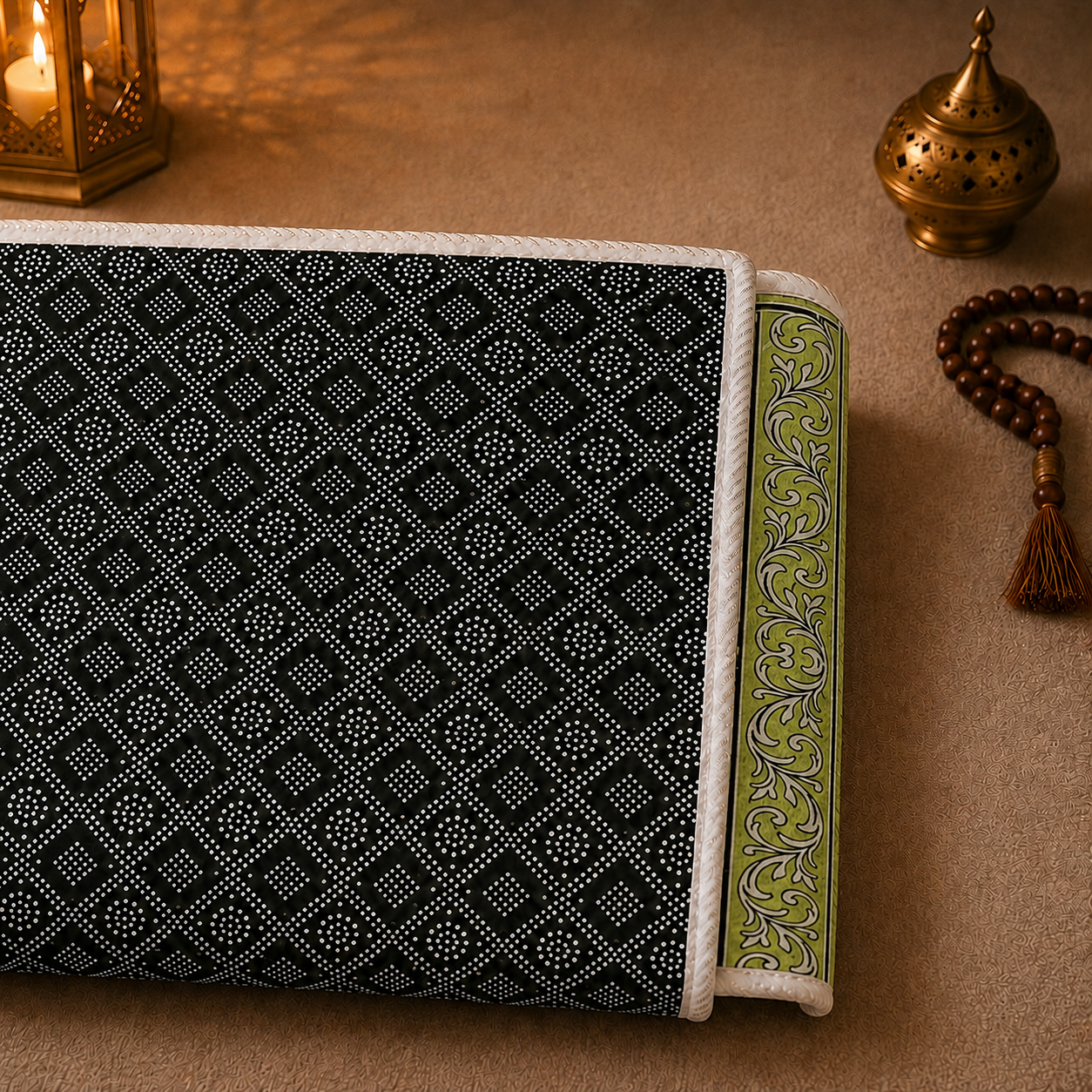Zoom sur le dessous anti-dérapant du tapis de prière avec dossier pliable vert Pomme Sajadah.
