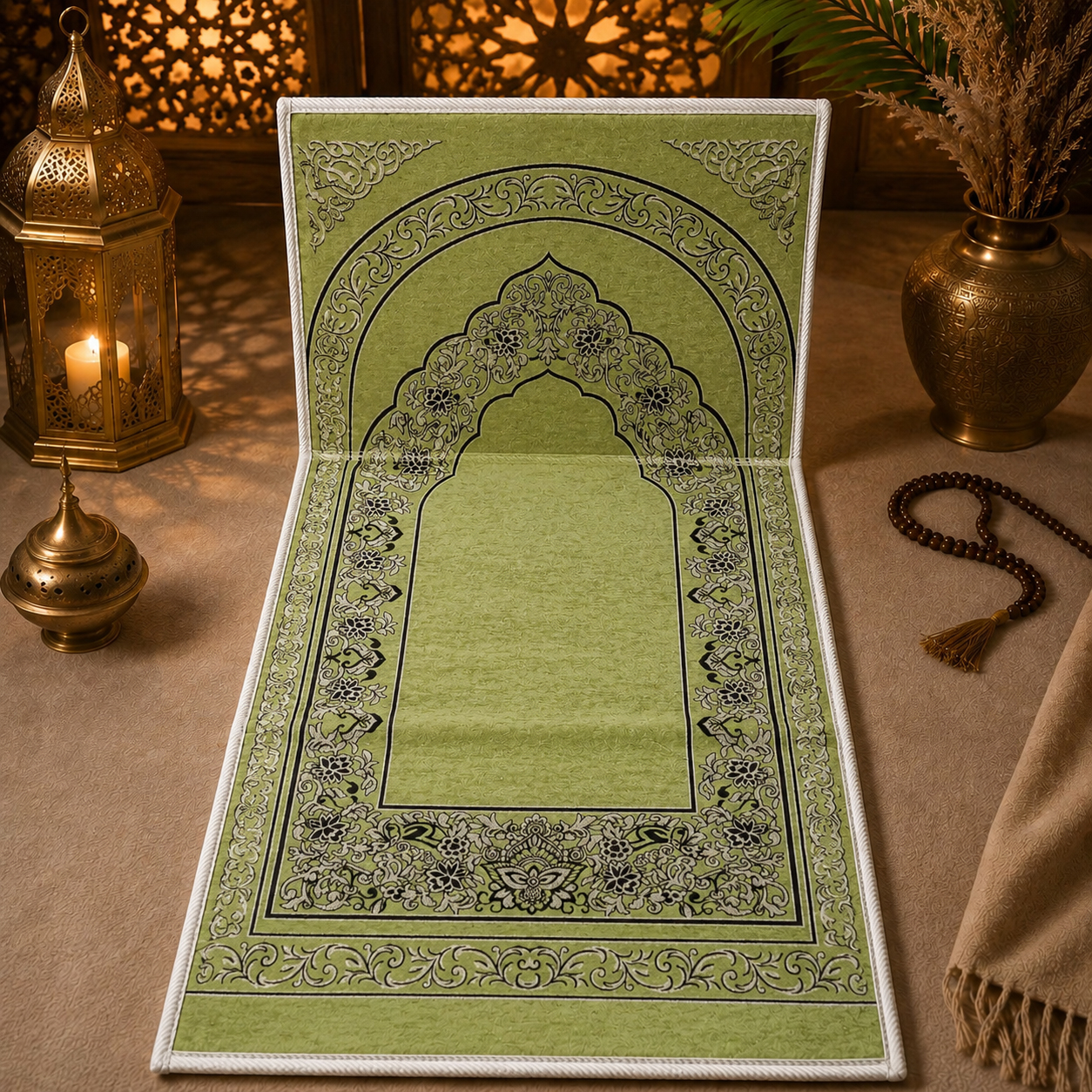Le tapis de prière avec dossier pliable vert Pomme Sajadah vu de face avec le dossier relevé.
