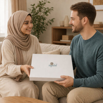 Une femme offre un coffret cadeau Sajadah à un jeune homme récemment converti à l’islam.