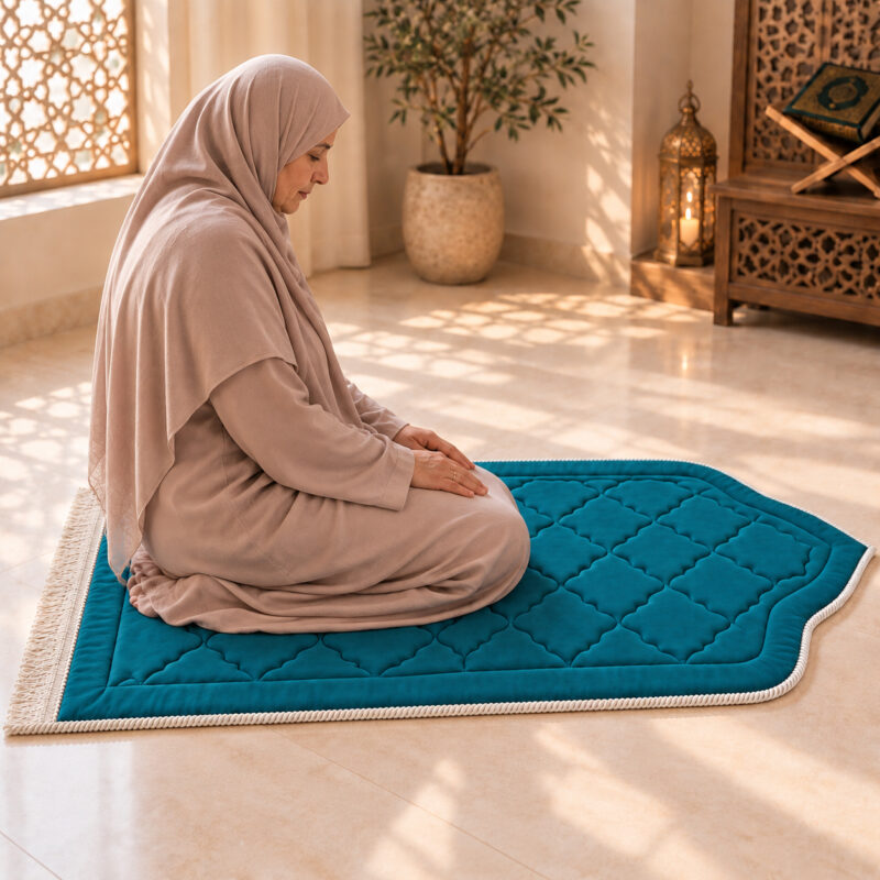 Une femme musulmane assise sur un tapis de prière épais bleu turquoise pendant la salat.
